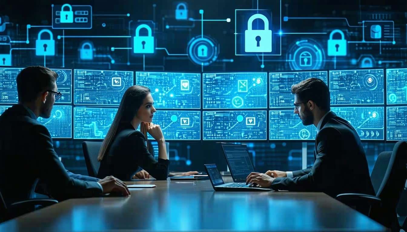 A group of cybersecurity professionals analyzing d